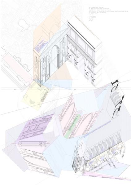 As a rather more frozen version of time, the similarity with my prototype lies in the way Alberti takes the façade, changes its scale (for example, when he introduces an extra pilaster in the corner of the nave) and repeats it within the interior along the faces of the chapels: therefore the unfolding outlines the configuration of spaces where time starts to illustrate the sequence that Alberti has created in the metamorphosis of his walls.